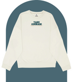 Off-White heavyweight crewneck sweater with the words Take Courage in Blue font, and Matt 14:27 in pink 